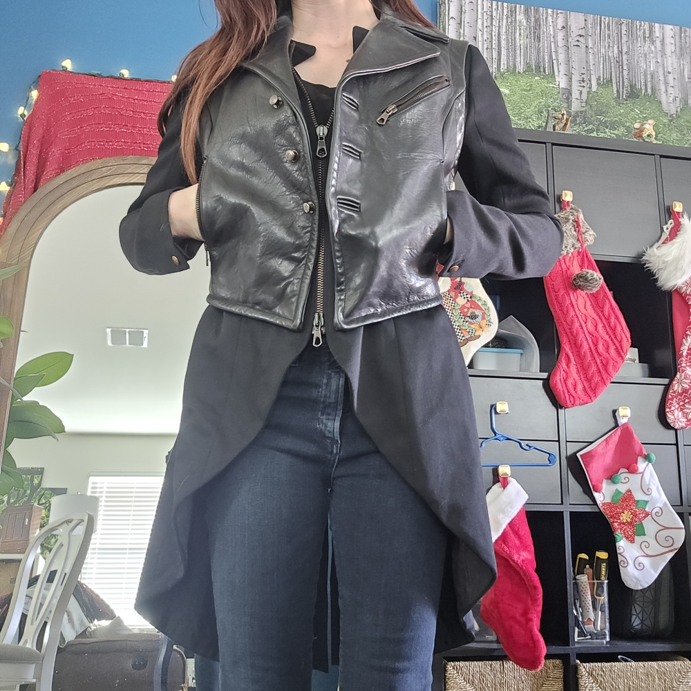 Rag & Bone Black Leather Jacket with Coat Overlay - Picture 7 of 16